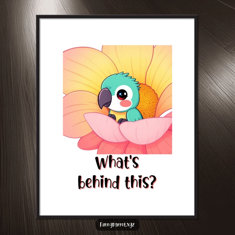 Funny curious parrot poster showcasing a parrot peeking out from behind a giant, brightly colored flower with an inquisitive and charming look.