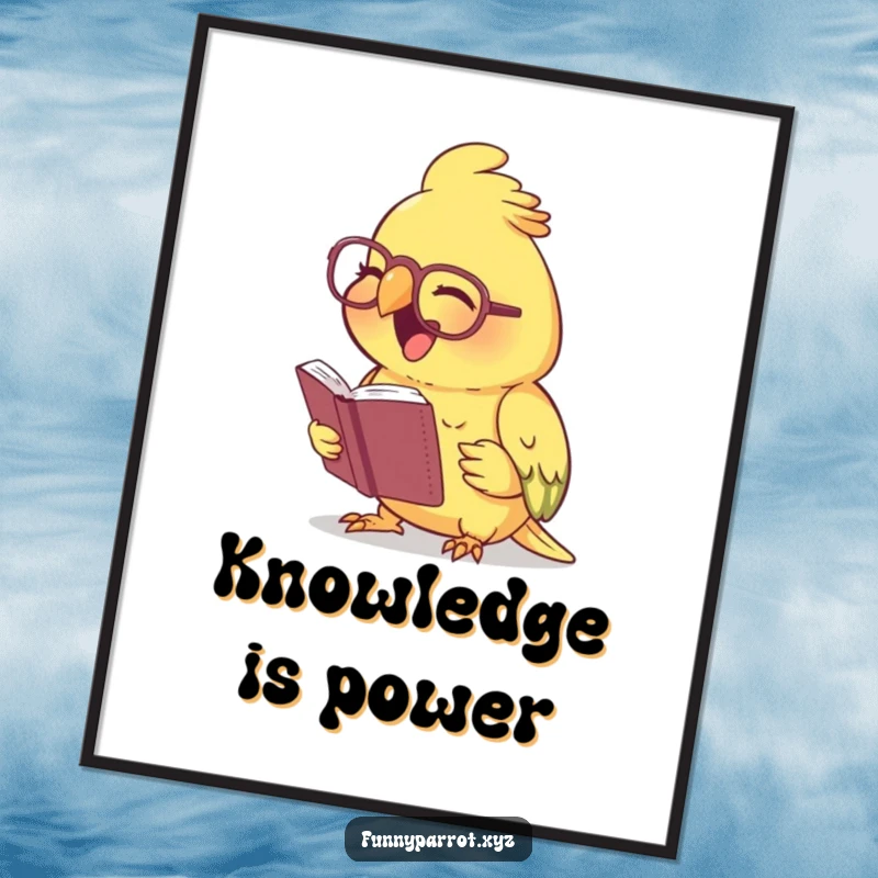 Funny laughing parrot poster showcasing a parrot wearing tiny spectacles, reading a minuscule book and laughing with great amusement.