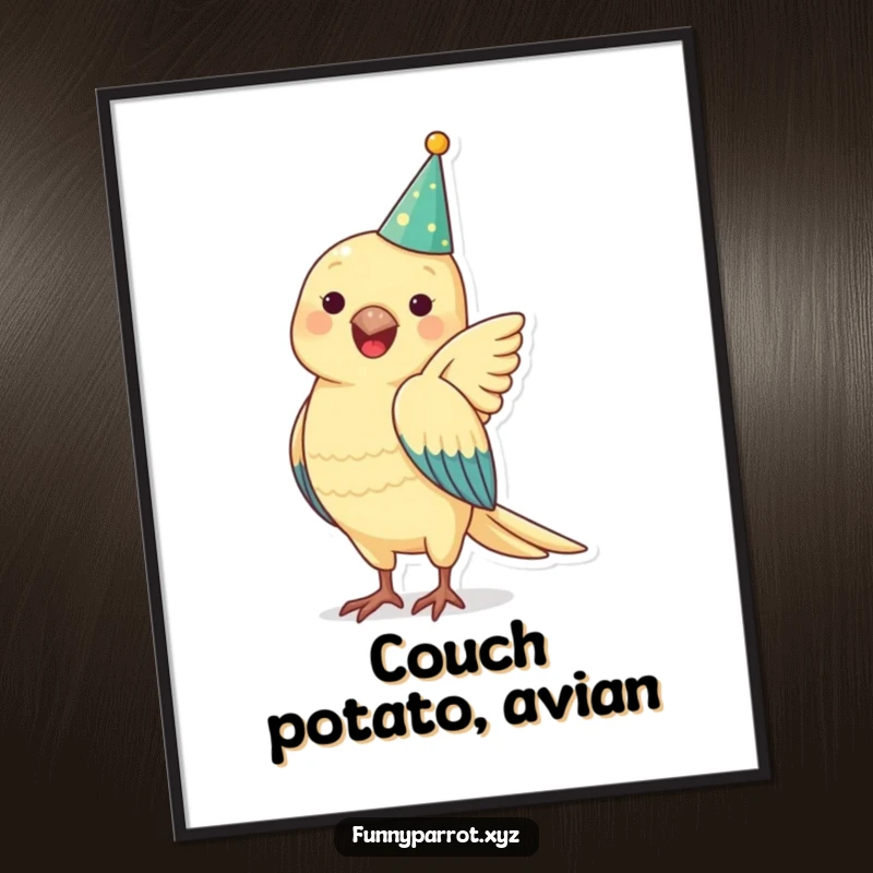 Funny parrot poster featuring a joyful parrot in a party hat, flapping its wings, adding festive cheer to wall decor.
