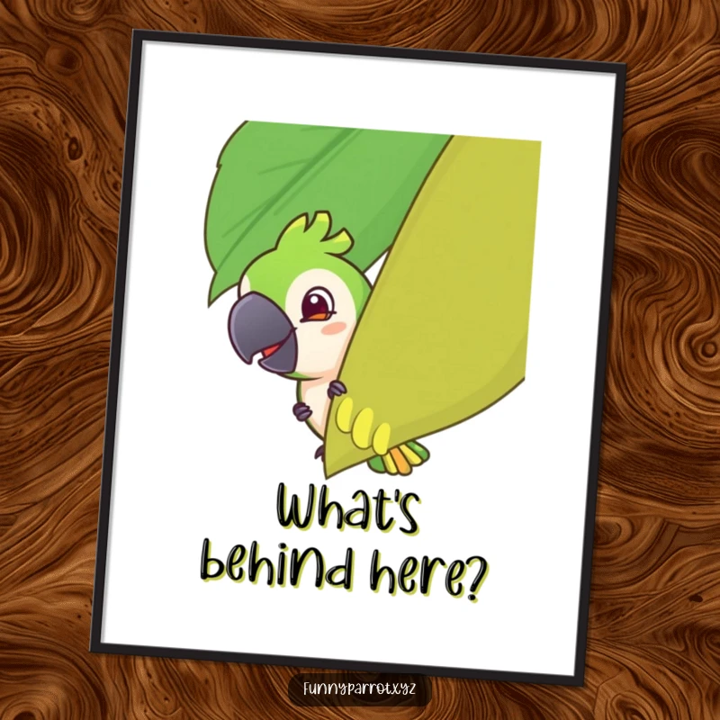 Funny poster art depicting a parrot with a mischievous grin playfully peeking from behind a giant tropical leaf, perfect for humorous decor.