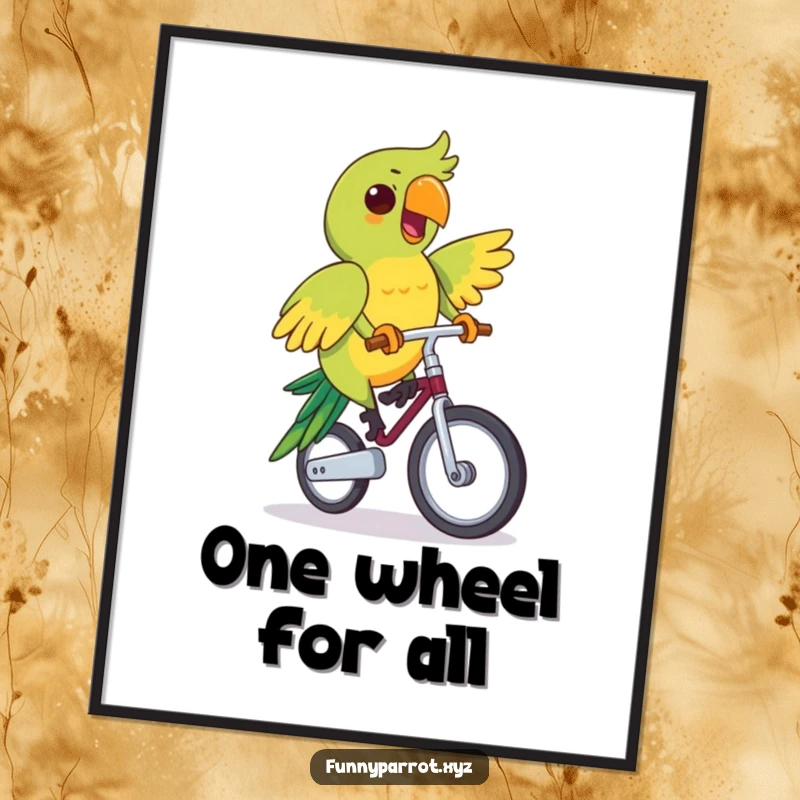 Funny poster art depicting a parrot enthusiastically riding a unicycle with a cheerful expression, perfect for humorous decor.