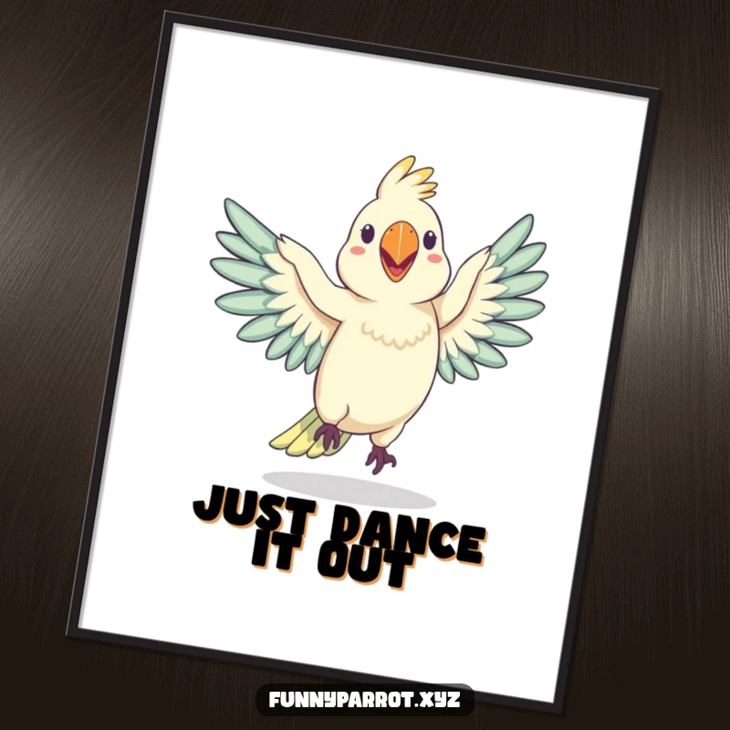 Funny poster of a goofy parrot performing a hilarious, wobbly dance with its wings spread wide, capturing a moment of pure silliness.