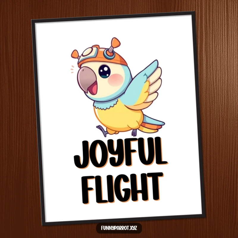 Funny poster of a vibrant parrot wearing a tiny propeller hat, depicted zipping joyfully through the air, adding cheer.