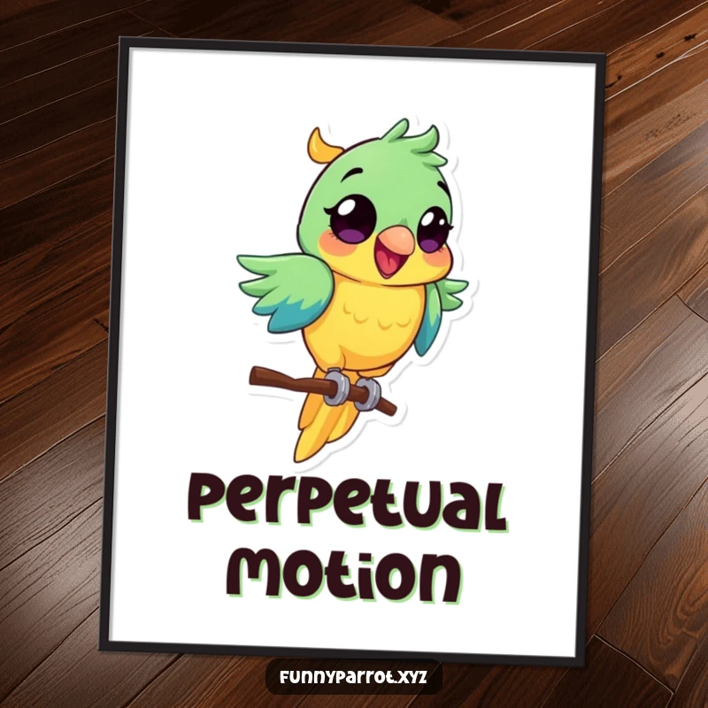 Funny parrot poster featuring a vibrant bird with wide eyes, excitedly spinning on its perch.