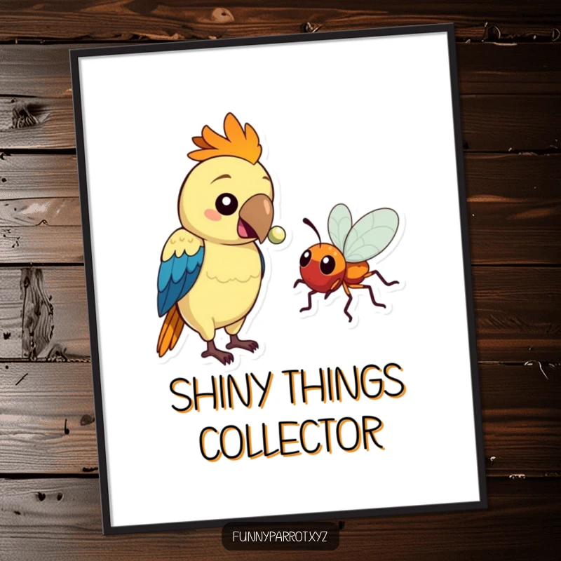 Funny poster art of a parrot offering a shiny bead to a curious bug, creating a whimsical and humorous scene.