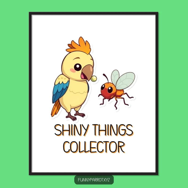 Funny Parrot Art Poster: Parrot Offers Shiny Bead to Bug, Whimsical Wall Decor, Funny Gift