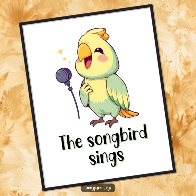 Funny poster of a happy parrot holding a tiny microphone, enthusiastically squawking a cheerful tune, perfect for music-themed decor.