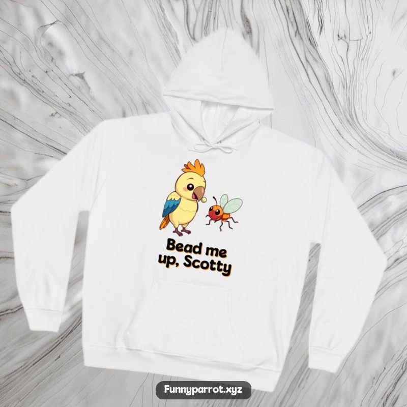 Funny hoodie showing a parrot offering a shiny bead to a curious bug, a heartwarming and humorous scene.
