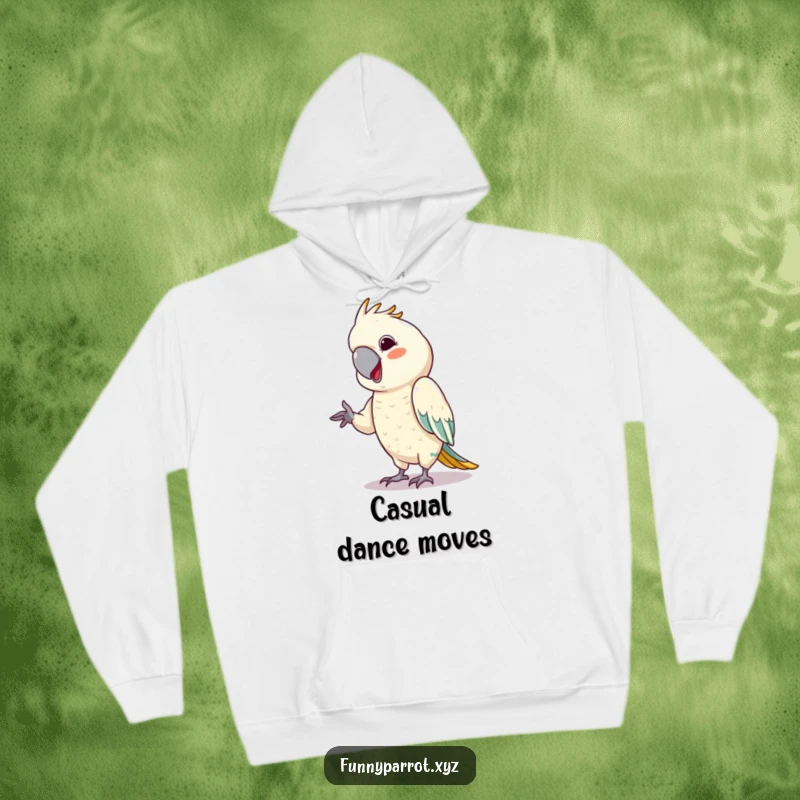 Funny parrot hoodie featuring a bird with a cheeky grin, mimicking a small, energetic dance move.