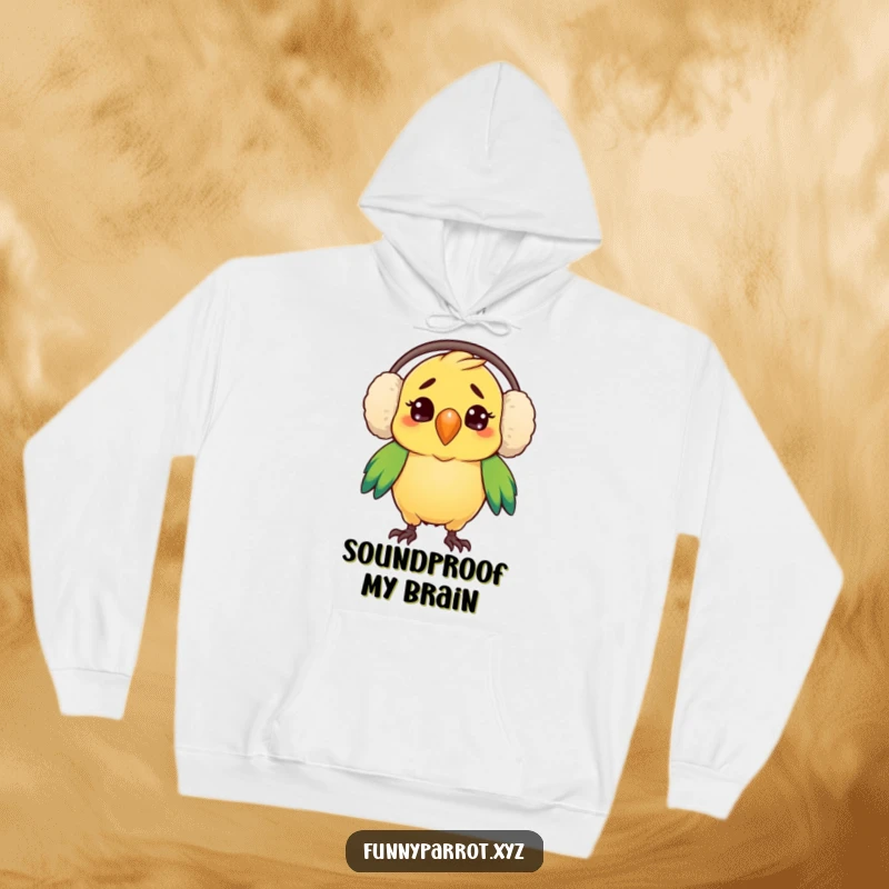 Funny hoodie featuring a parrot comically confused by its oversized earmuffs, offering warmth and laughter.