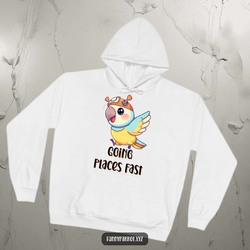 Funny hoodie showcasing a vibrant parrot wearing a small propeller hat, actively zipping through the air in a fun manner.