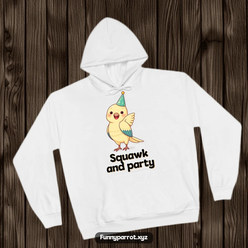 Funny parrot hoodie showing a parrot in a party hat joyfully flapping its wings, ideal for cozy, humorous wear.