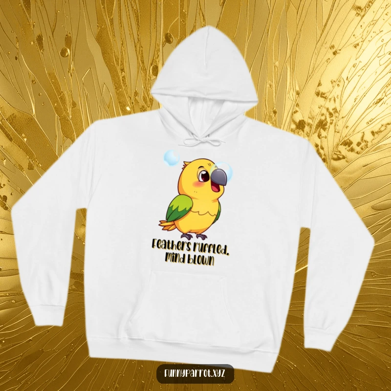 Funny surprised parrot hoodie showing a stunned parrot with beak open, captivated by a floating bubble, perfect for winter comfort.