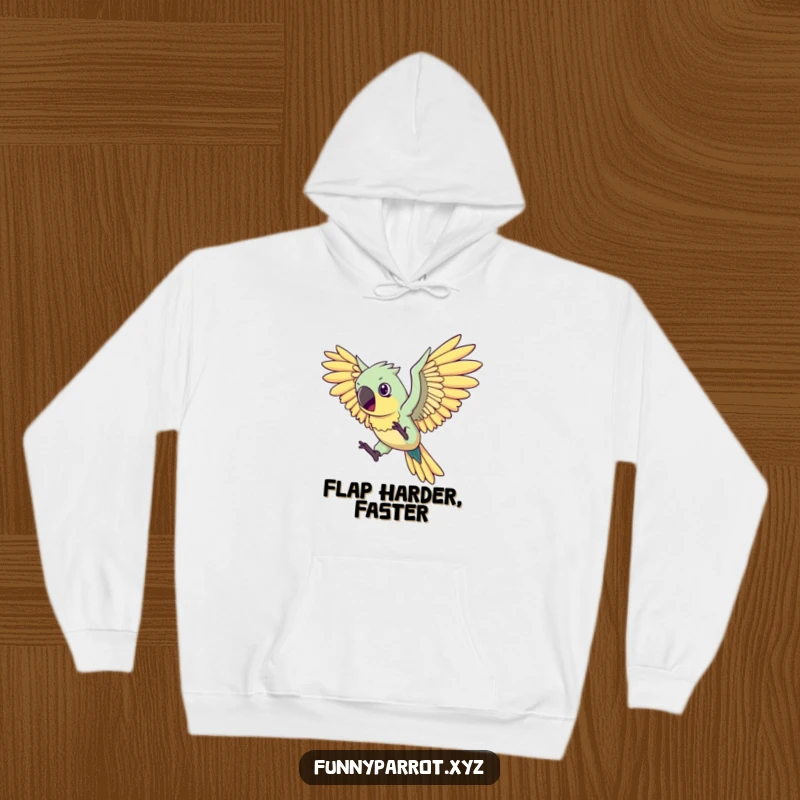 Funny flying parrot hoodie showing a determined parrot with oversized comical wings making a valiant effort to fly, offering warmth and humor.