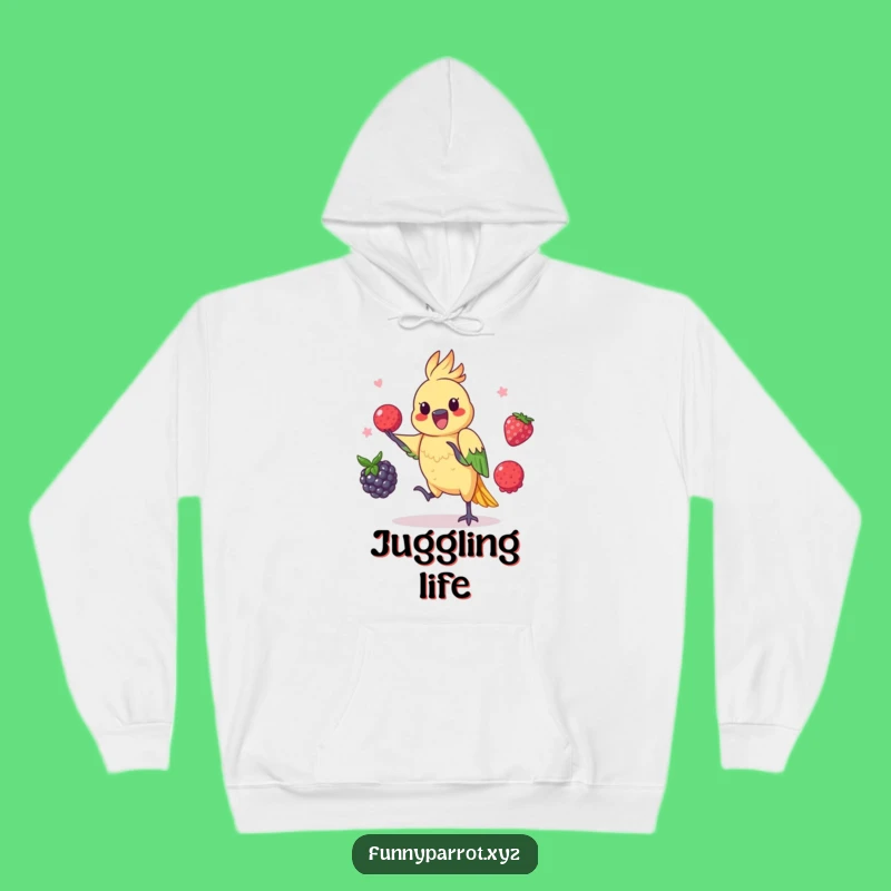 Juggling Parrot Hoodie: Cozy, Funny Wear with a Playful Berry Act