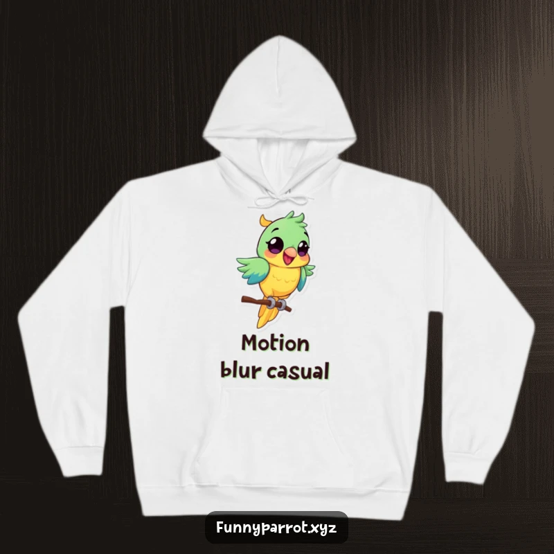 Funny parrot hoodie featuring a vibrant bird with wide eyes, energetically spinning on a perch.