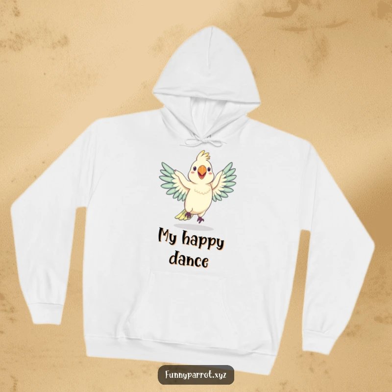 Funny, warm hoodie featuring a silly parrot performing an exaggerated, wobbly dance with its wings spread, perfect for cozy laughter.