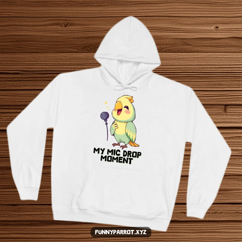 Funny, warm hoodie featuring a happy parrot holding a tiny microphone, squawking a cheerful tune, perfect for music lovers and comfort.