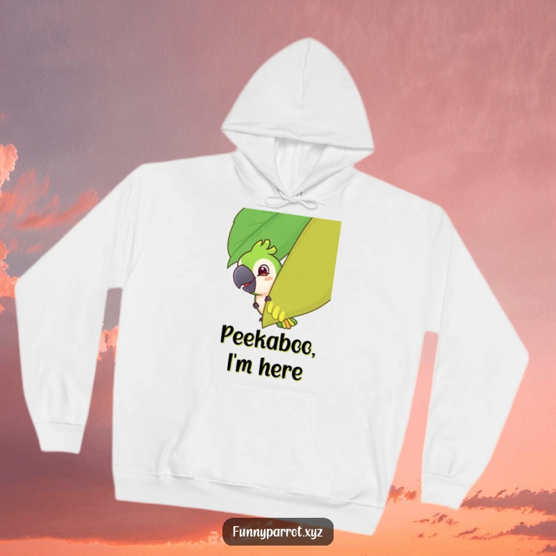 Funny hoodie featuring a parrot with a mischievous grin playfully peeking from behind a giant tropical leaf, offering warmth and humor.