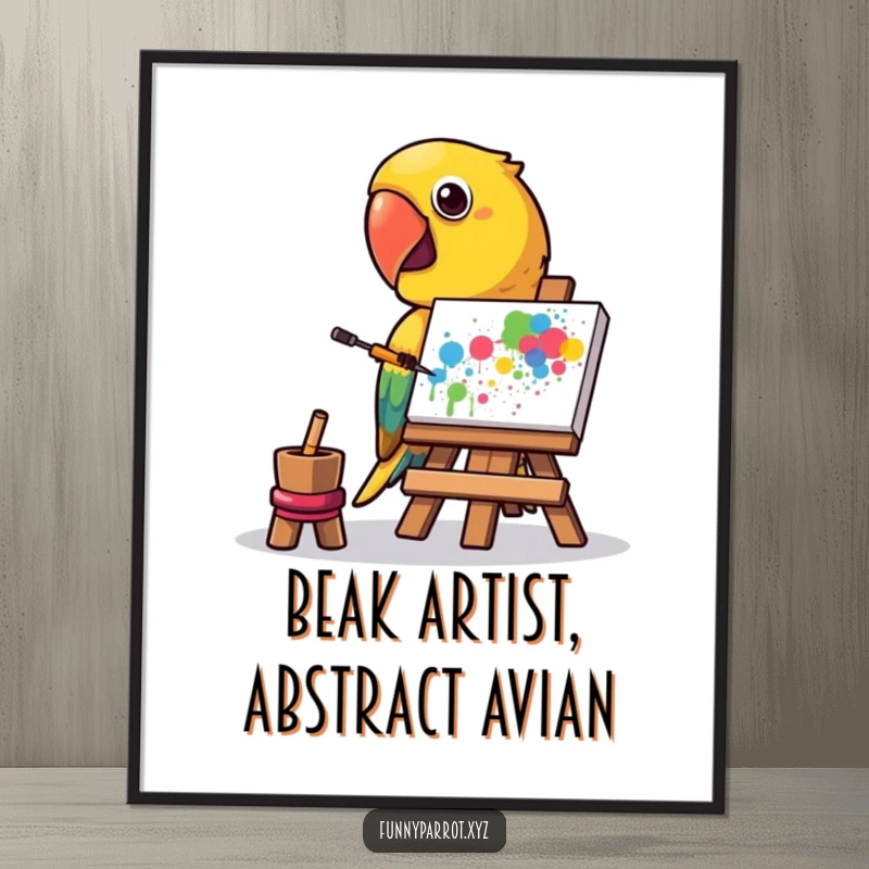 Funny free printable wall art, a parrot artist painting vibrant abstract splatters with its beak, a whimsical downloadable piece.