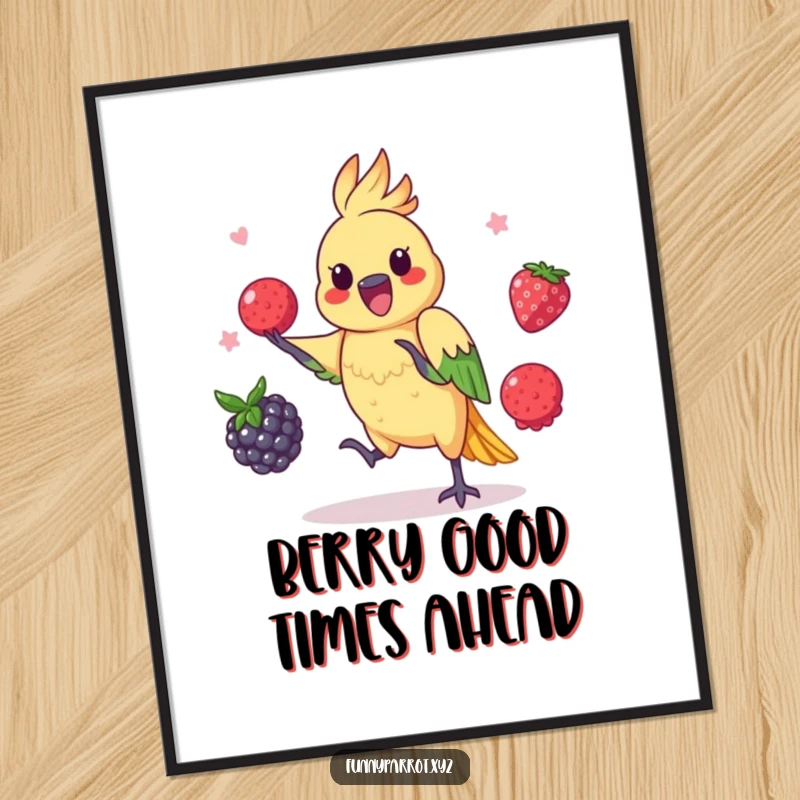 Funny Free Printable Wall Art: Parrot Playfully Juggling Three Colorful Berries with Skill