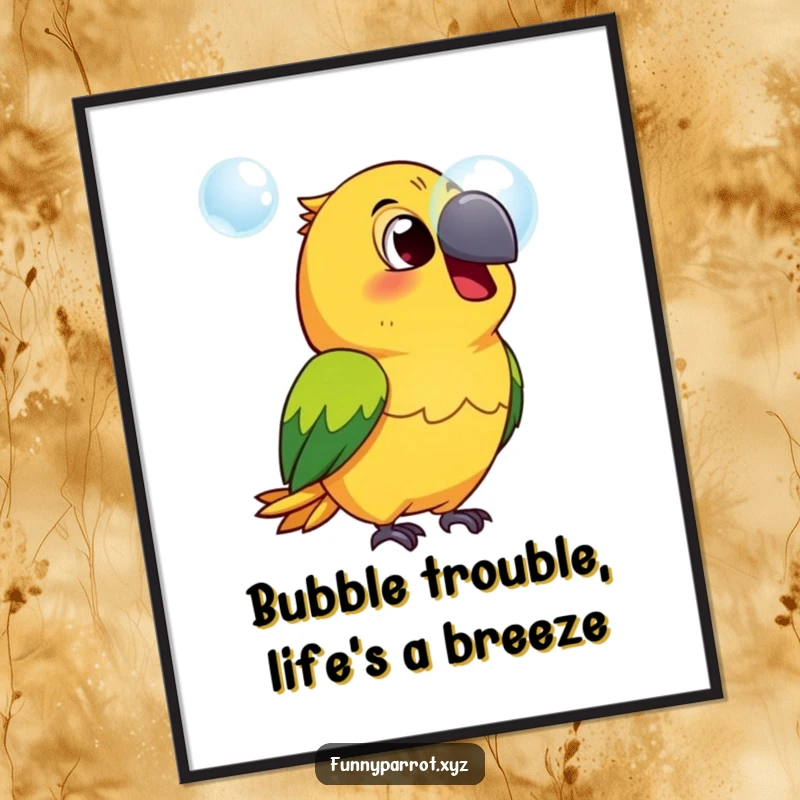 Funny Free Printable Wall Art: A startled parrot stares wide-eyed at a delicate floating bubble, vibrant colors.