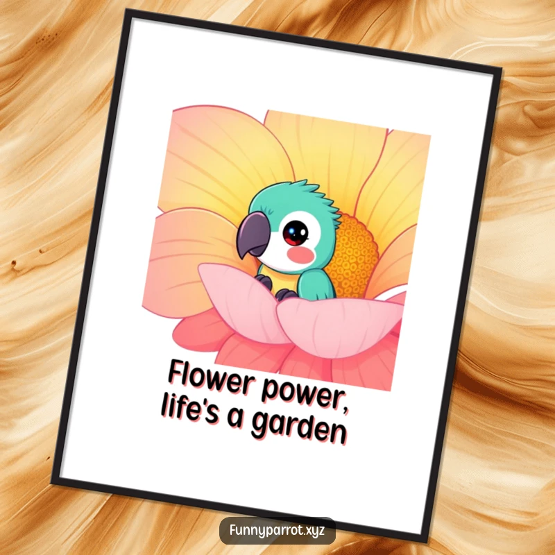 Funny Free Printable Wall Art: A parrot's curious face emerges from behind a gigantic, vividly hued flower.