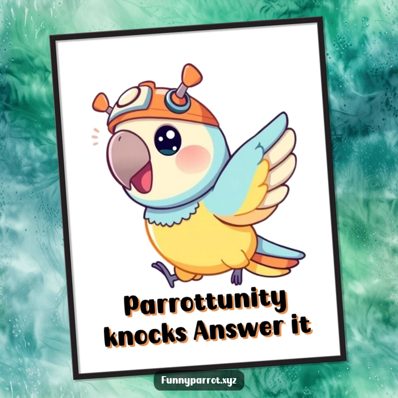 Funny Free Printable Wall Art: A vibrant parrot wearing a tiny propeller hat, joyfully zipping through the air. A downloadable gift.