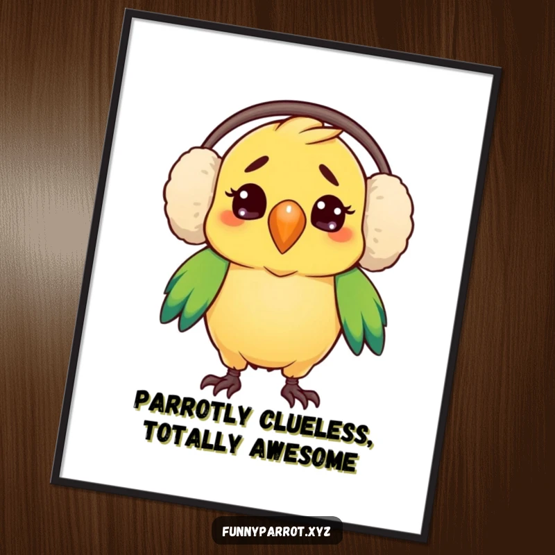 Funny free printable wall art, a parrot sporting oversized earmuffs in comical confusion, a humorous downloadable artwork.