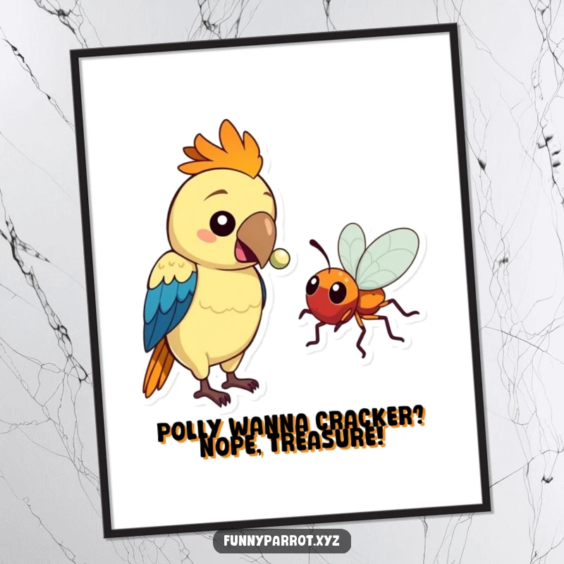 Funny free printable wall art featuring a parrot offering a shiny bead to a curious bug, a comical downloadable piece.
