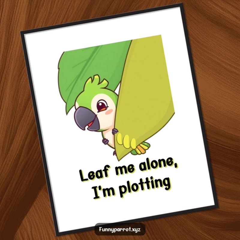 Funny free printable wall art, a parrot with a mischievous grin peeking from behind a large tropical leaf, a playful downloadable.