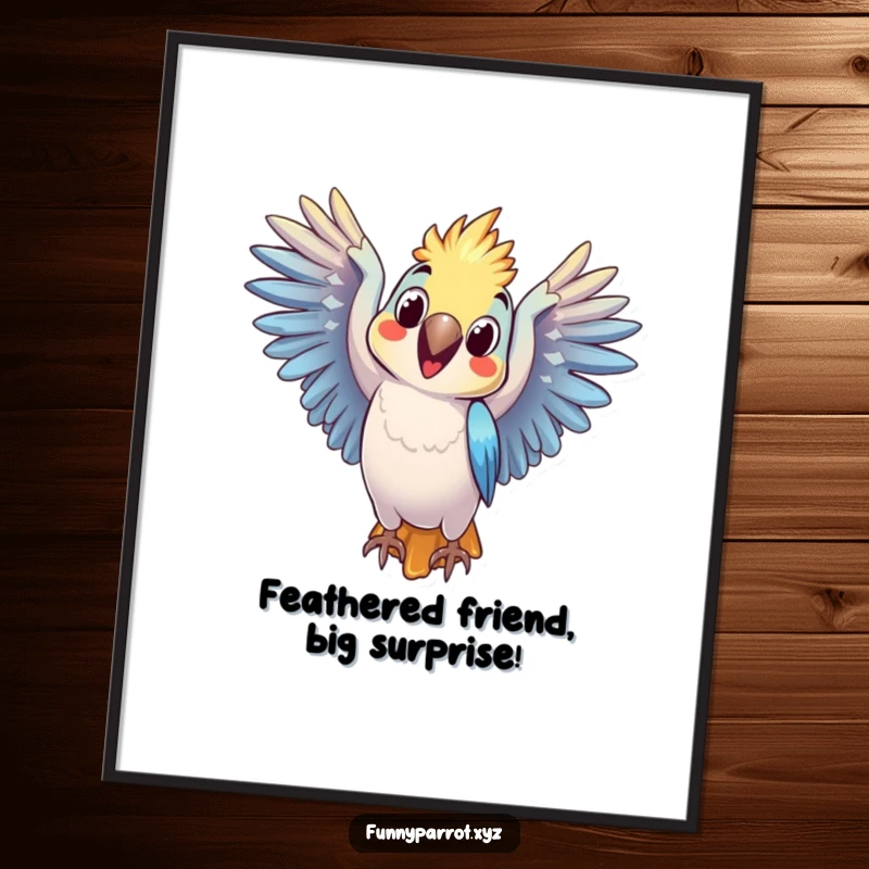 Funny Free Printable Wall Art: A parrot with wings outstretched in surprise, its expression comically shocked and wide-eyed.