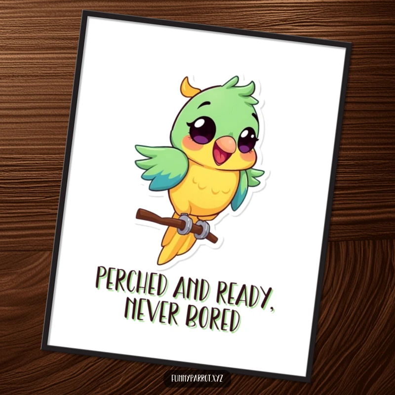 Funny Free Printable Wall Art: Vibrant Parrot with Wide Eyes Spinning Excitingly on a Perch