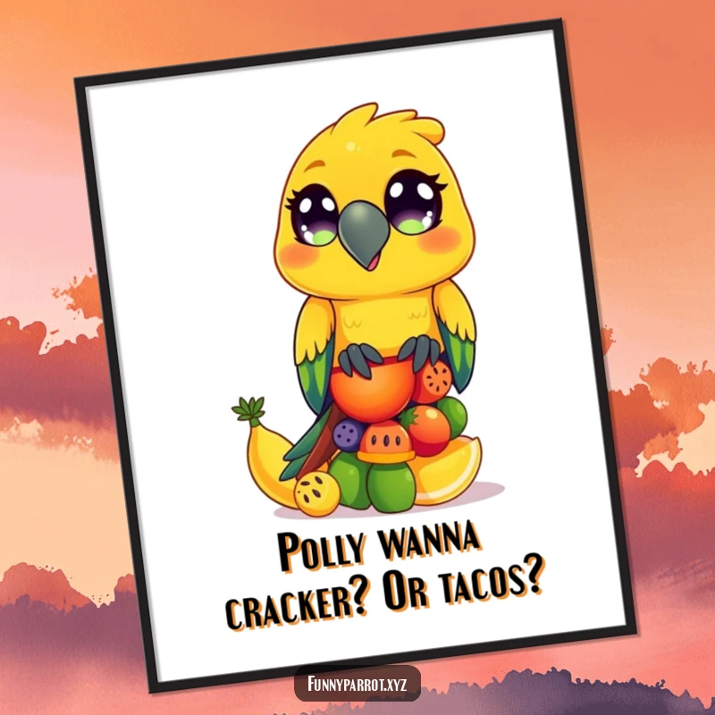 Funny Free Printable Wall Art: Cheerful Parrot with Curious Eyes Balancing a Stack of Colorful Fruits
