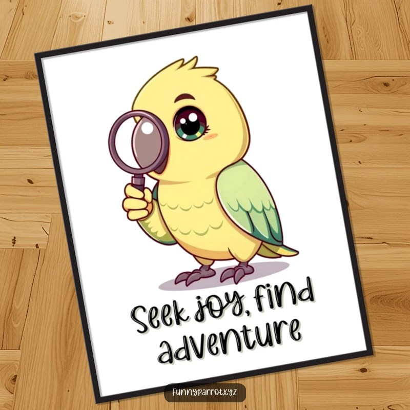 Funny Free Printable Wall Art: A parrot with bright, curious eyes intently examining something with a tiny magnifying glass.