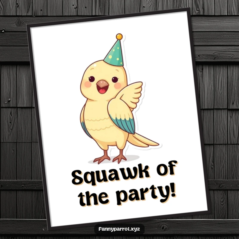 Funny free printable wall art of a parrot wearing a small party hat and happily flapping its wings, full of cheer.