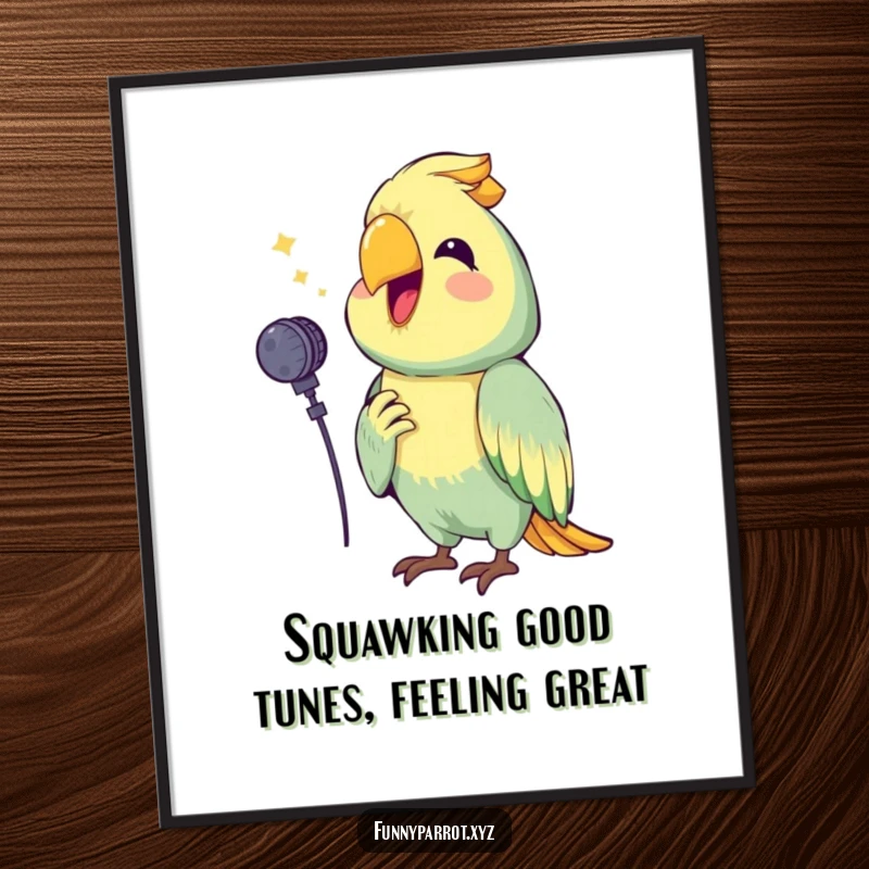 Funny Free Printable Wall Art: Happy Parrot Holding a Microphone Squawking a Cheerful Tune