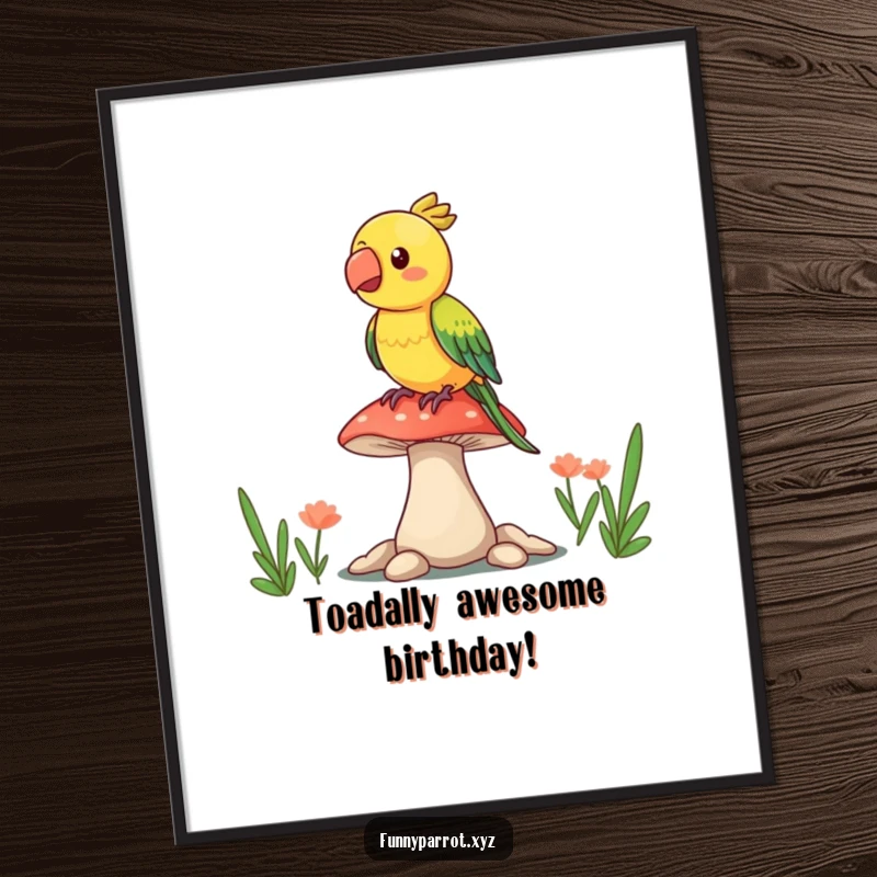 Funny Free Printable Wall Art: A playful parrot balancing with joy on a large, vibrant, bouncy mushroom.