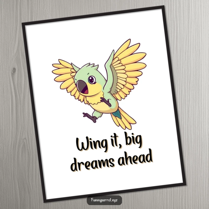 Funny Free Printable Wall Art: A parrot with exaggerated, oversized wings attempts flight with great determination.