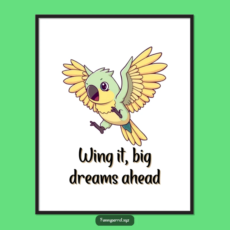 Free Printable Wall Art: Determined Parrot Flying Humor - Funny Downloadable Art!