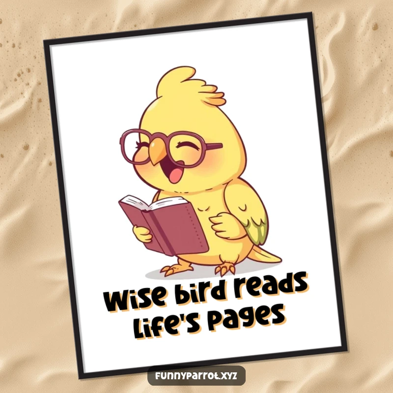 Funny Free Printable Wall Art: A parrot sports tiny spectacles, chuckling heartily while reading a miniature book.