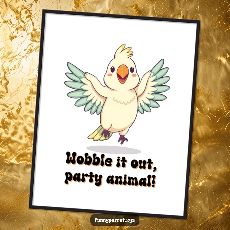Funny Free Printable Wall Art: Silly Parrot Performing a Wobbly Dance with Wings Outstretched