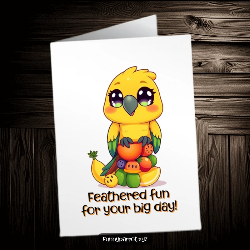 Funny Free Printable Birthday Card: Cheerful Parrot with Wide Eyes Balancing Colorful Fruit Stack