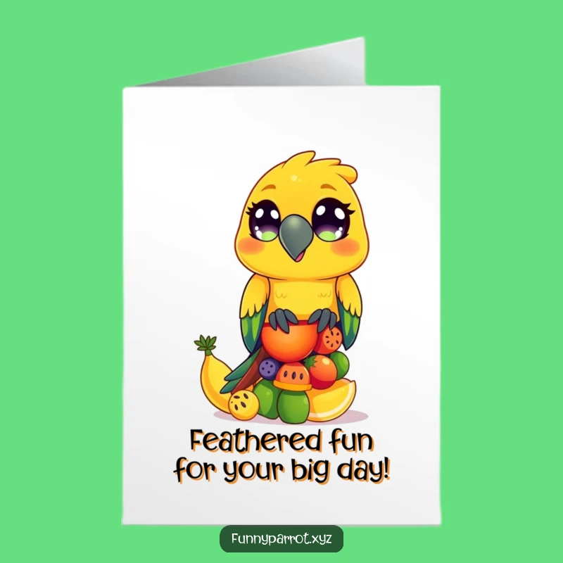 Free Printable Birthday Card: Funny Parrot Fruit Stack - Hilarious Downloadable Gift