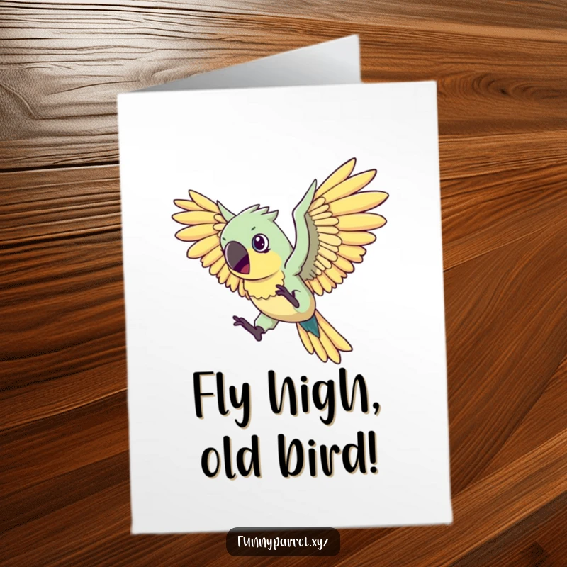Funny Free Printable Birthday Card: A parrot flaps comically oversized wings, determined to fly, full of effort.