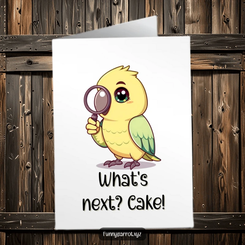Funny Free Printable Birthday Card: Parrot with bright, curious eyes examining something with a tiny magnifying glass.