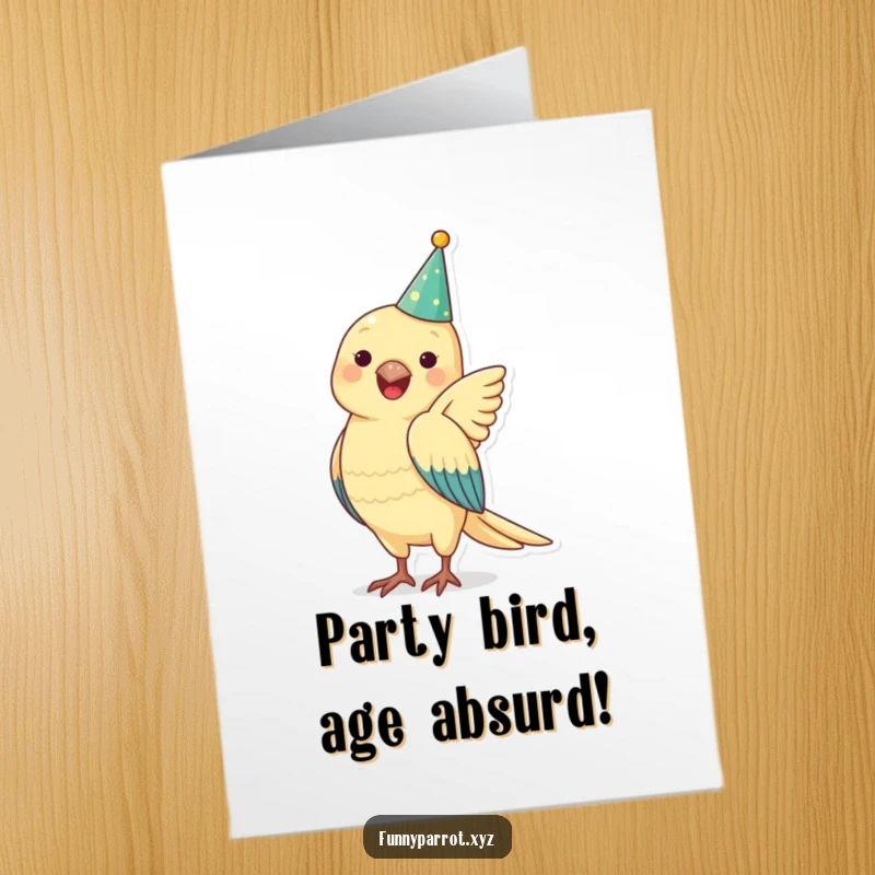 Funny free printable birthday card of a parrot in a party hat, flapping wings with pure joy and excitement.