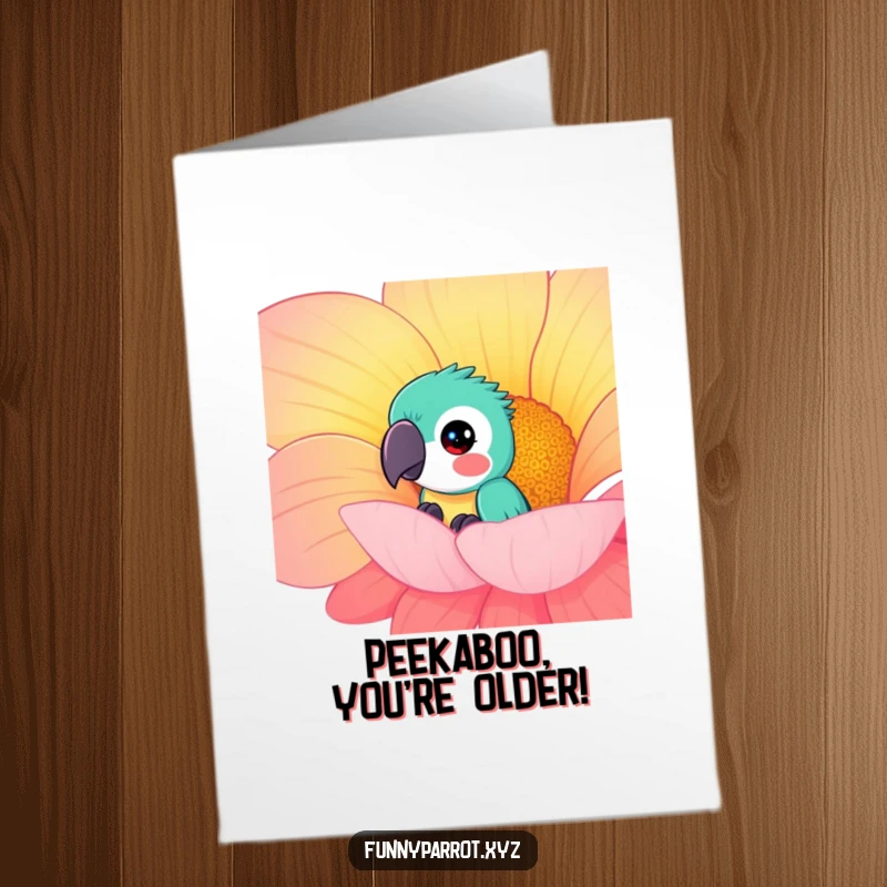 Funny Free Printable Birthday Card: A parrot curiously peeks from behind a huge, vibrant flower.