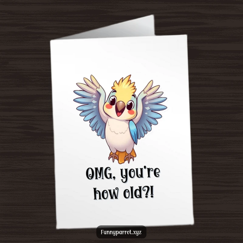 Funny Free Printable Birthday Card: Parrot with wide-open wings and a shocked expression, eyes big with surprise.