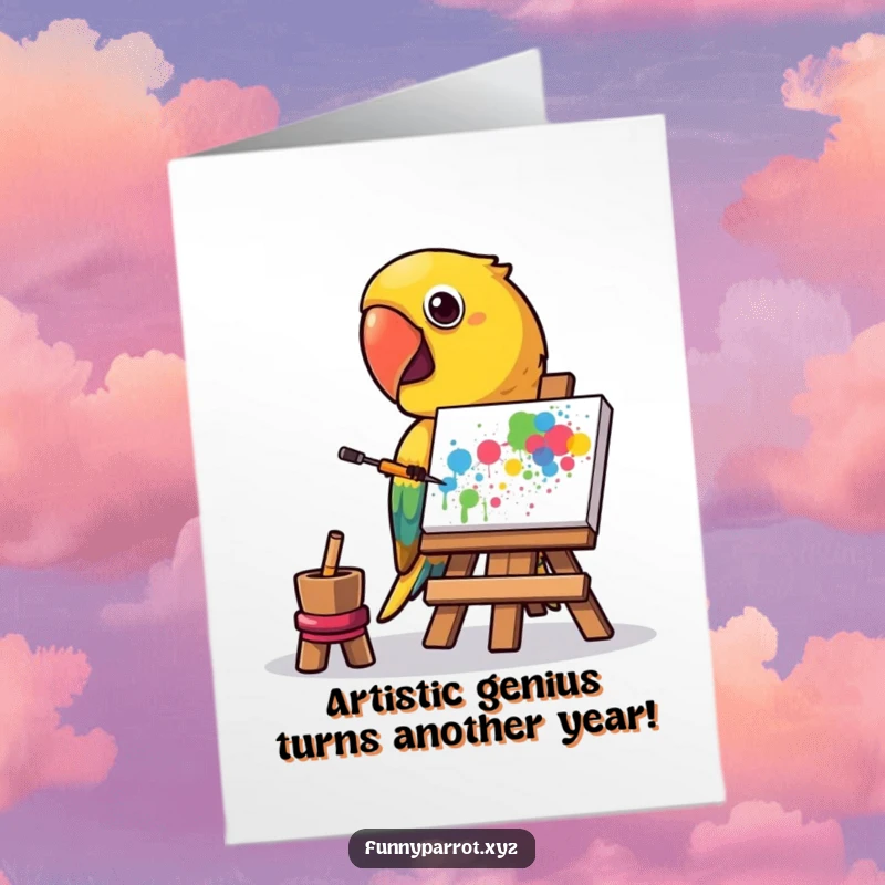 Funny free printable birthday card, a parrot painting abstract splatters with its beak, a creative downloadable greeting.